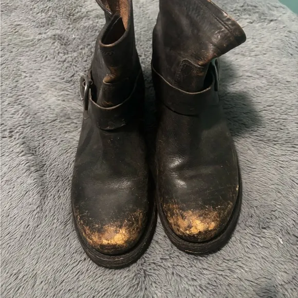 Frye Black Leather Combat Boots with Buckle Detail