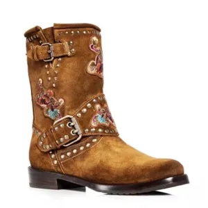Frye Brown Combat Moto Boots with Buckle Details