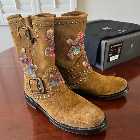 Frye Brown Combat Moto Boots with Buckle Details