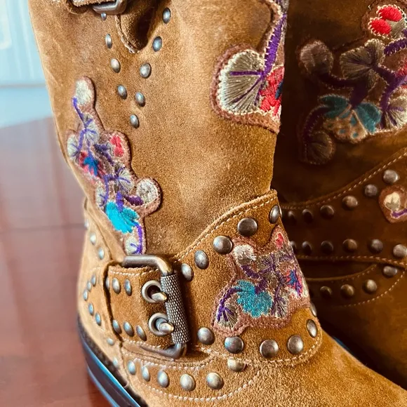 Frye Brown Combat Moto Boots with Buckle Details