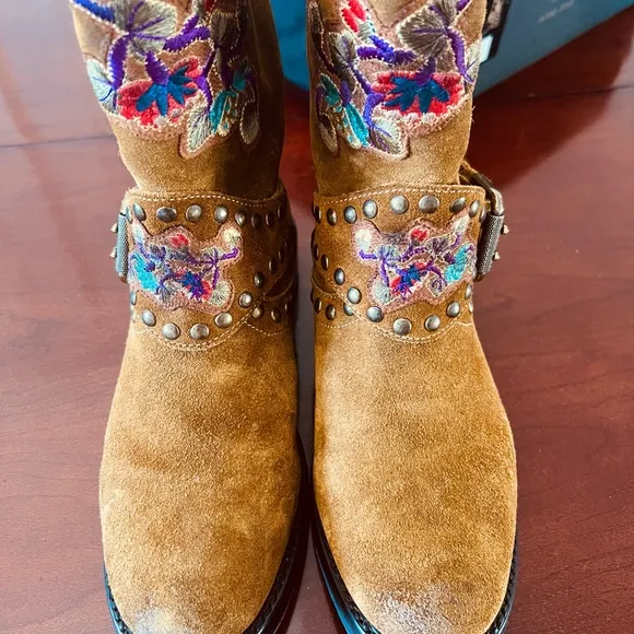 Frye Brown Combat Moto Boots with Buckle Details