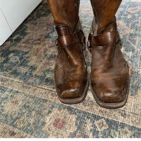 Frye Brown Cowboy Western Boots with Harness Detail