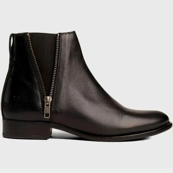 FRYE Carly Zipper Accent Leather Ankle Booties in Black SZ 11 MSRP $298