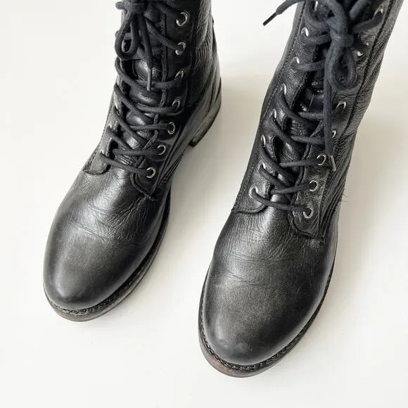 Frye Combat Boots Black Metallic Painted Leather Lace Up Grunge Size Women's 10