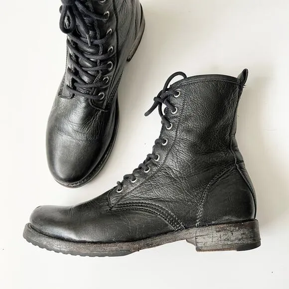 Frye Combat Boots Black Metallic Painted Leather Lace Up Grunge Size Women's 10