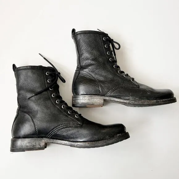 Frye Combat Boots Black Metallic Painted Leather Lace Up Grunge Size Women's 10