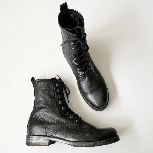 Frye Combat Boots Black Metallic Painted Leather Lace Up Grunge Size Women's 10