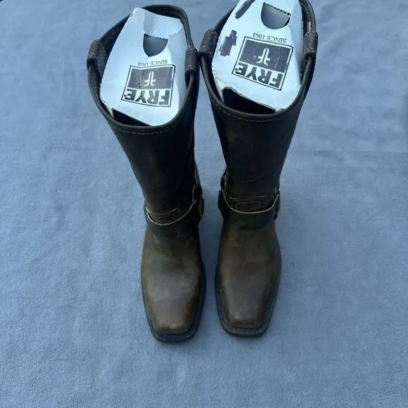 Frye Harness 12R Boots Tall Square Toe Womens Size 6 Brown Leather Moto Cowgirl