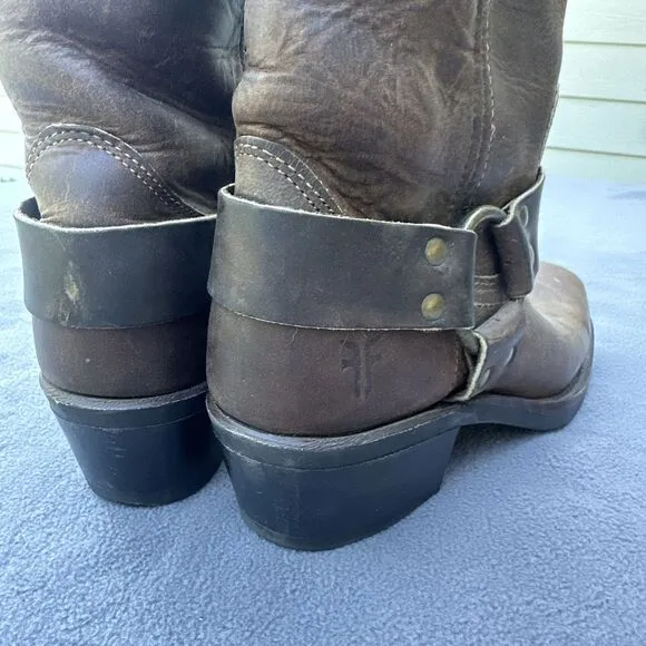 Frye Harness 12R Boots Tall Square Toe Womens Size 6 Brown Leather Moto Cowgirl