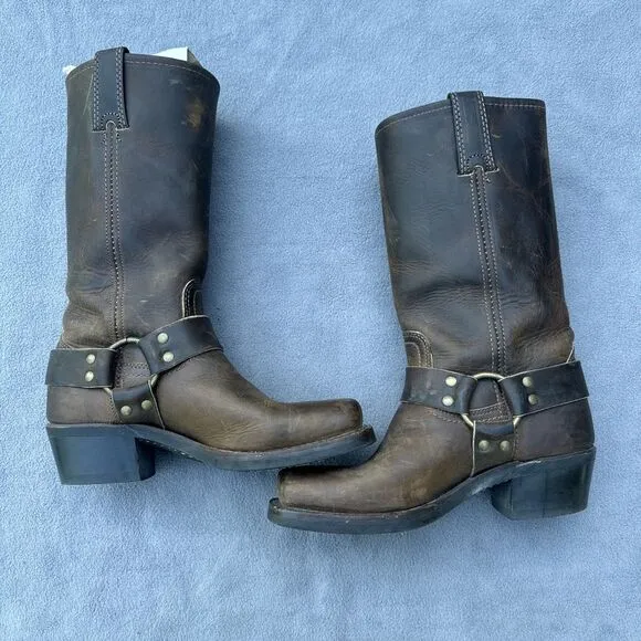 Frye Harness 12R Boots Tall Square Toe Womens Size 6 Brown Leather Moto Cowgirl