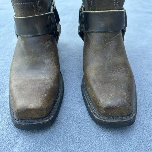 Frye Harness 12R Boots Tall Square Toe Womens Size 6 Brown Leather Moto Cowgirl
