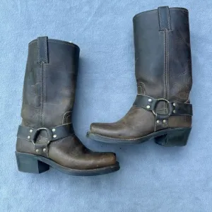 Frye Harness 12R Boots Tall Square Toe Womens Size 6 Brown Leather Moto Cowgirl