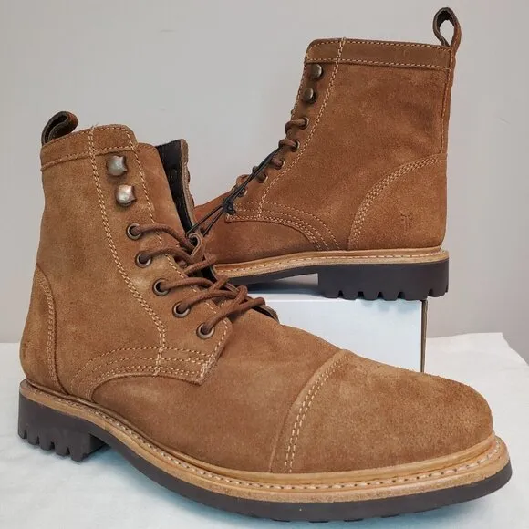 Frye Russell Boots FR41606 Tan Leather Mens Lace Up Zip Western Work Ranch Rodeo