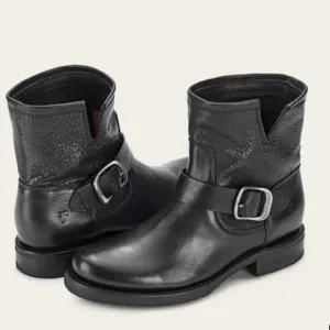 Frye Veronica Black Leather Ankle Boots with Buckle and Strap