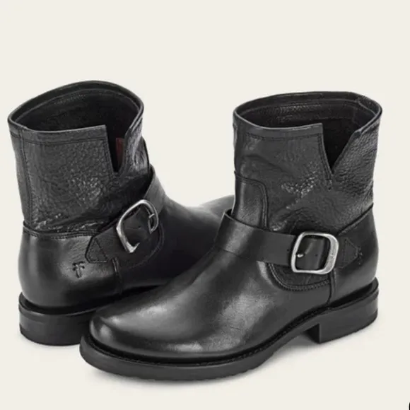 Frye Veronica Black Leather Ankle Boots with Buckle and Strap