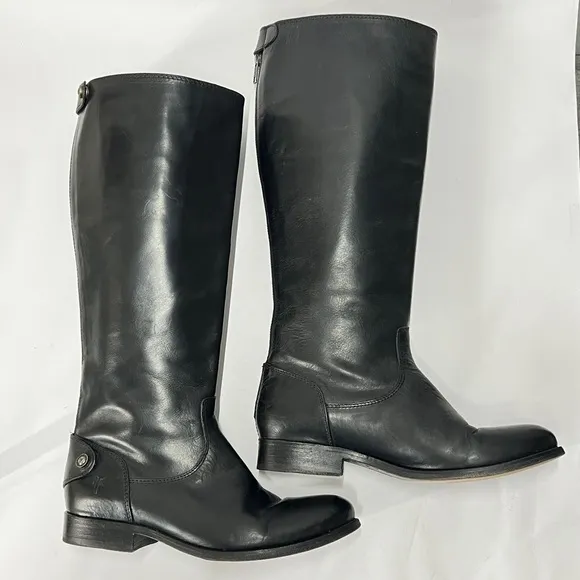 FRYE Women’s Black Leather Zip Up Knee High Boots. Flat Heel.