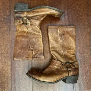 Frye Women’s Brown Leather Boots with Classic Western Harness Details, Size 10