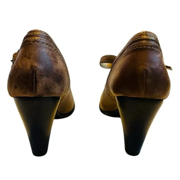 Frye Women’s Sz 8.5 Brown Leather T-Strap Block Heels Pumps Shoes Betty