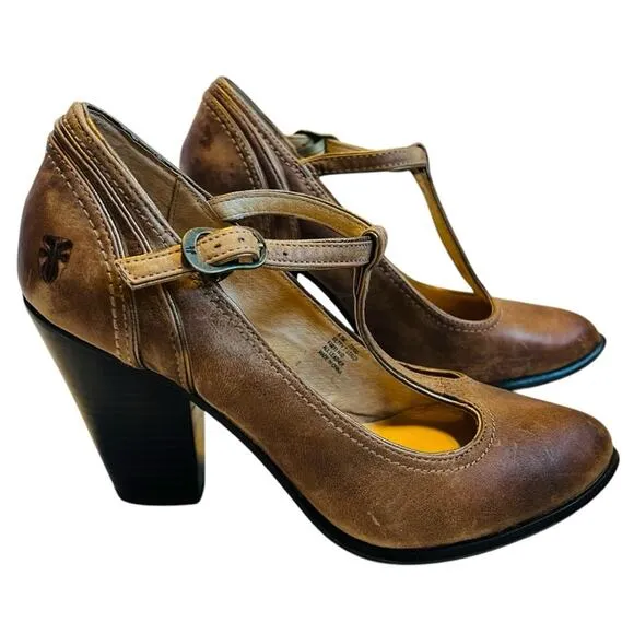 Frye Women’s Sz 8.5 Brown Leather T-Strap Block Heels Pumps Shoes Betty