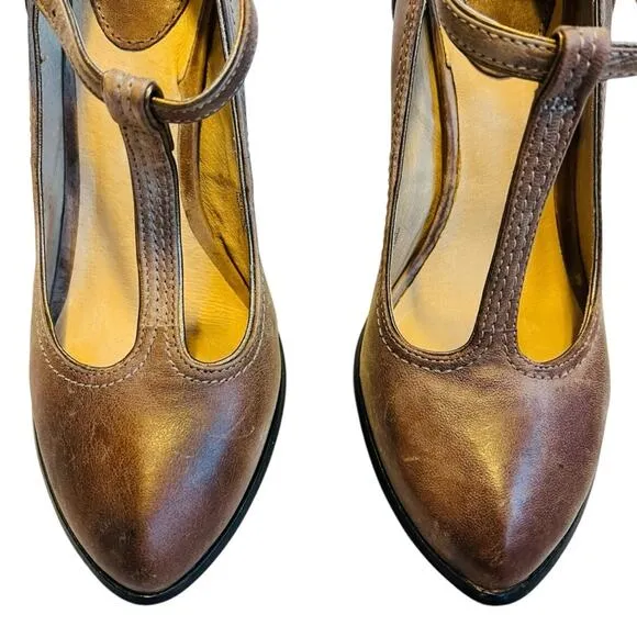 Frye Women’s Sz 8.5 Brown Leather T-Strap Block Heels Pumps Shoes Betty