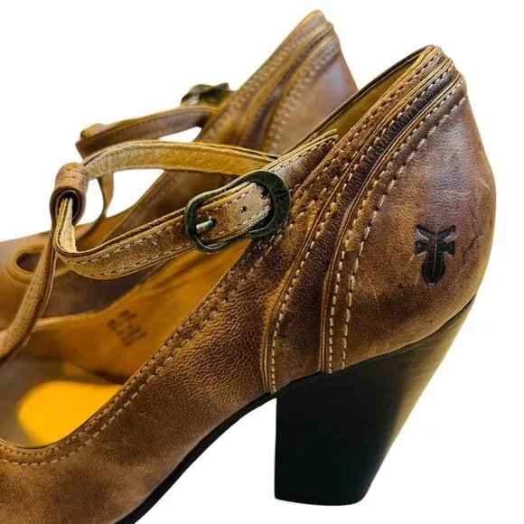 Frye Women’s Sz 8.5 Brown Leather T-Strap Block Heels Pumps Shoes Betty