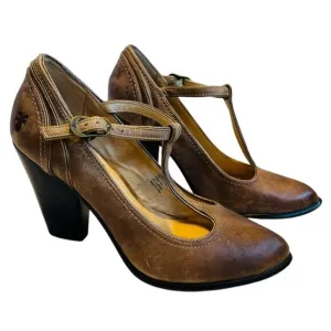 Frye Women’s Sz 8.5 Brown Leather T-Strap Block Heels Pumps Shoes Betty