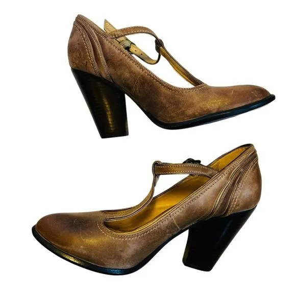 Frye Women’s Sz 8.5 Brown Leather T-Strap Block Heels Pumps Shoes Betty