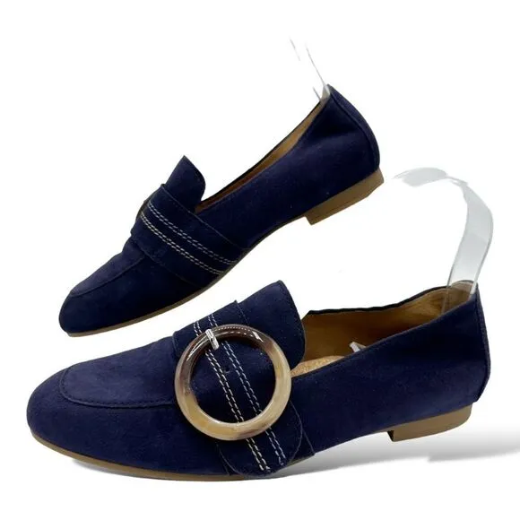 Gabor Viola Navy Blue Suede Loafer Flats w/Tortoise Shell Buckle Detail Sz 6.5