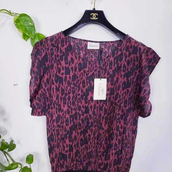 GANNI Dress Leopard Slip Mini Animal‎ Stretch Black Red Wine Casual Y2K Boho NWT