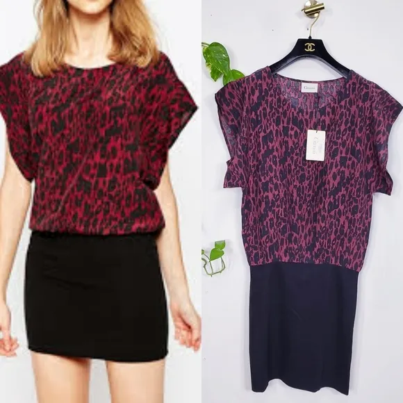 GANNI Dress Leopard Slip Mini Animal‎ Stretch Black Red Wine Casual Y2K Boho NWT