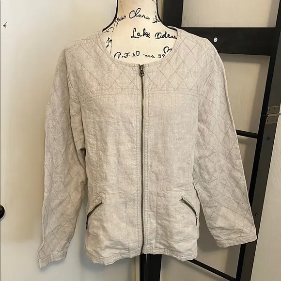 Garnet Hill Tan Linen Blend Zipper Quilted Bomber Jacket Minimalist Coastal