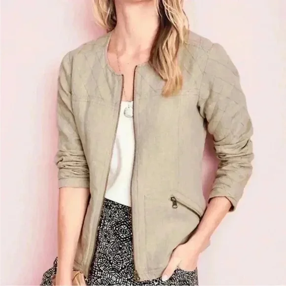 Garnet Hill Tan Linen Blend Zipper Quilted Bomber Jacket Minimalist Coastal