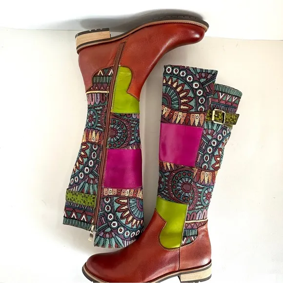 GENUINE LEATHER AND EMBROIDERED PATCHWORK ROUND TOE FLAT RIDING BOOTS NEW! Sz7.5