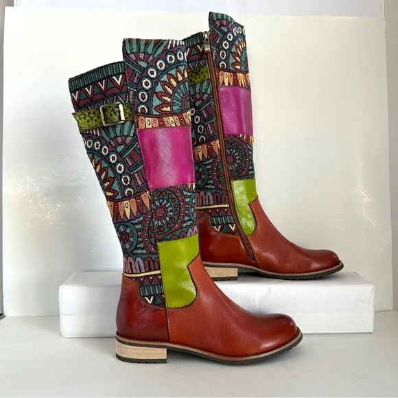 GENUINE LEATHER AND EMBROIDERED PATCHWORK ROUND TOE FLAT RIDING BOOTS NEW! Sz7.5