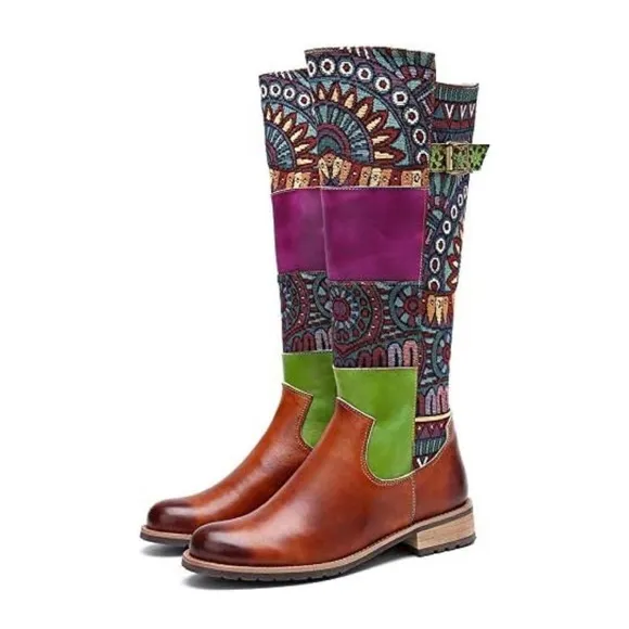 GENUINE LEATHER AND EMBROIDERED PATCHWORK ROUND TOE FLAT RIDING BOOTS NEW! Sz7.5