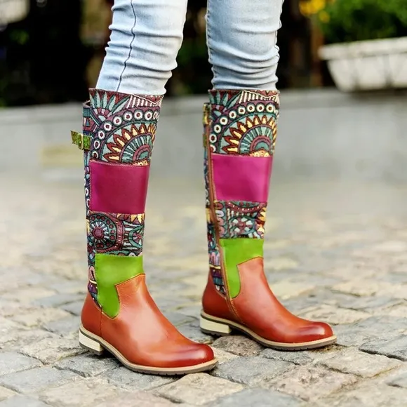 GENUINE LEATHER AND EMBROIDERED PATCHWORK ROUND TOE FLAT RIDING BOOTS NEW! Sz7.5