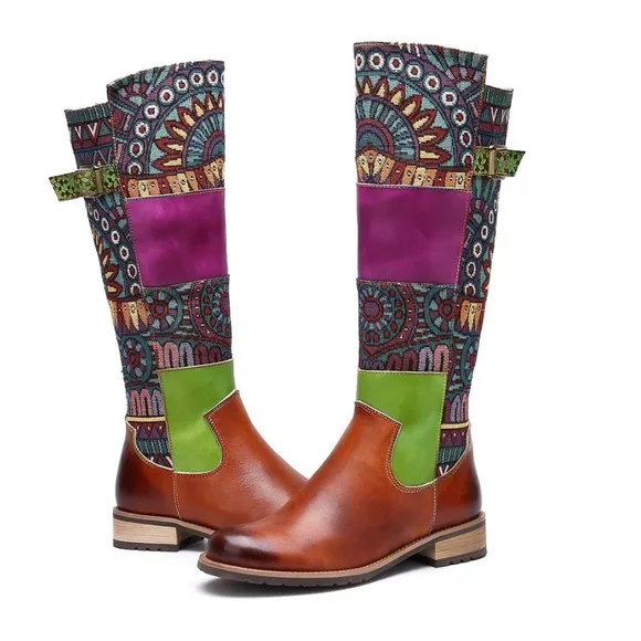 GENUINE LEATHER AND EMBROIDERED PATCHWORK ROUND TOE FLAT RIDING BOOTS NEW! Sz7.5