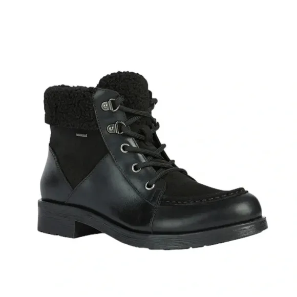 Geox Waterproof Rawelle ABX Leather Combat Ankle Boots Faux Fur Black Size 7 NWT