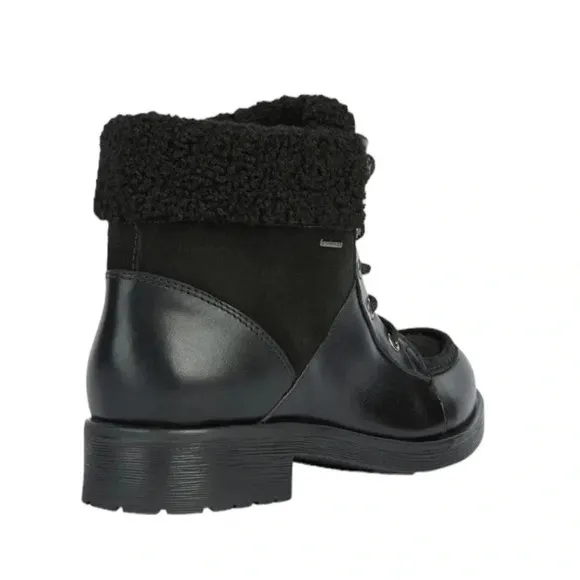 Geox Waterproof Rawelle ABX Leather Combat Ankle Boots Faux Fur Black Size 7 NWT