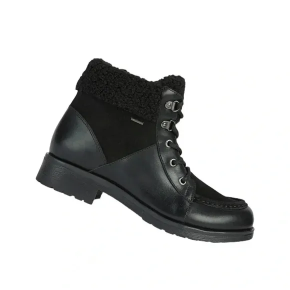 Geox Waterproof Rawelle ABX Leather Combat Ankle Boots Faux Fur Black Size 7 NWT