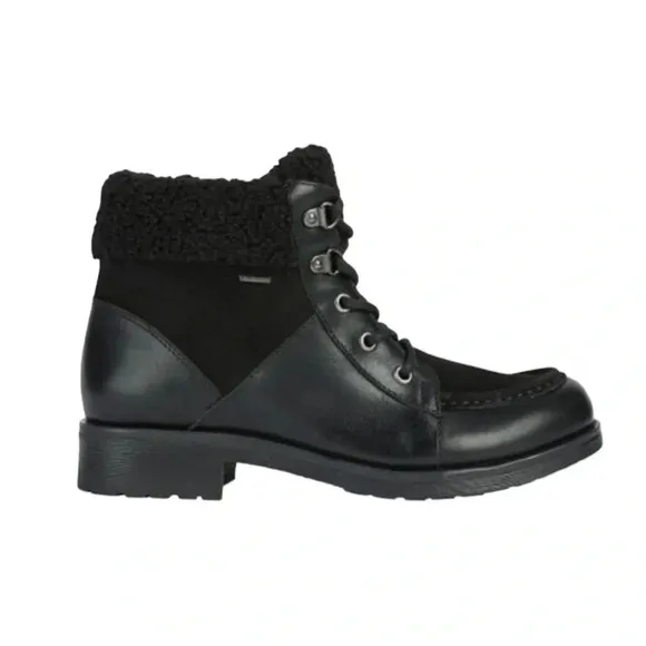 Geox Waterproof Rawelle ABX Leather Combat Ankle Boots Faux Fur Black Size 7 NWT