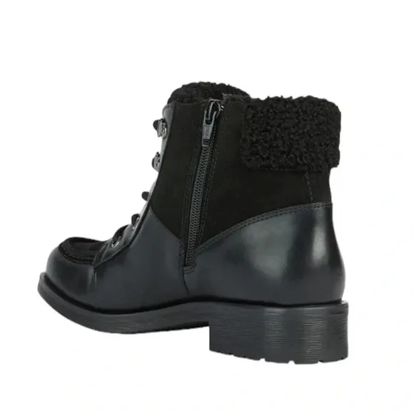 Geox Waterproof Rawelle ABX Leather Combat Ankle Boots Faux Fur Black Size 7 NWT