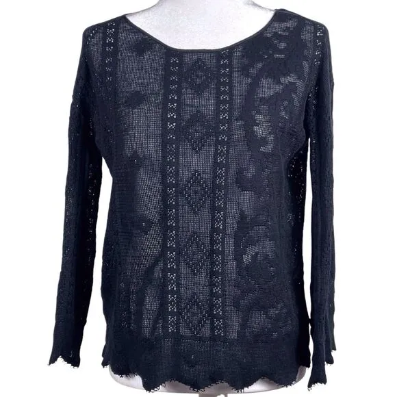 GIADA FORTE Resort Open Weave Crochet Knit Top US Size 4 Bateau Sweater Black