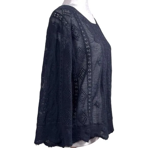 GIADA FORTE Resort Open Weave Crochet Knit Top US Size 4 Bateau Sweater Black