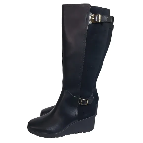 Giani Bernini Sannaa Leather Extended Calf Tall Wedge Boots Sz 10WC