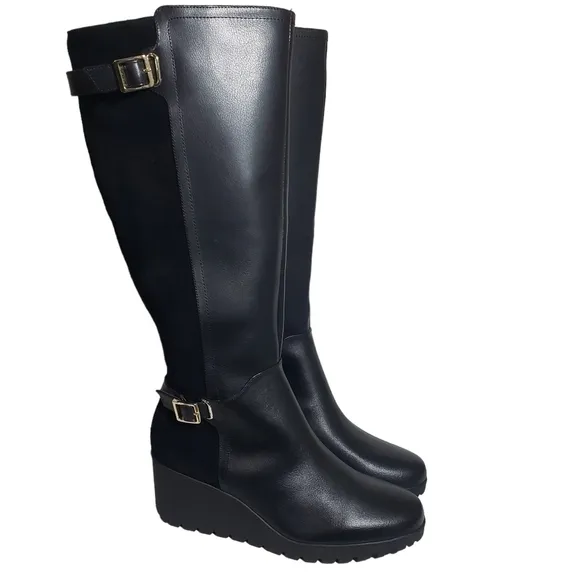 Giani Bernini Sannaa Leather Extended Calf Tall Wedge Boots Sz 10WC