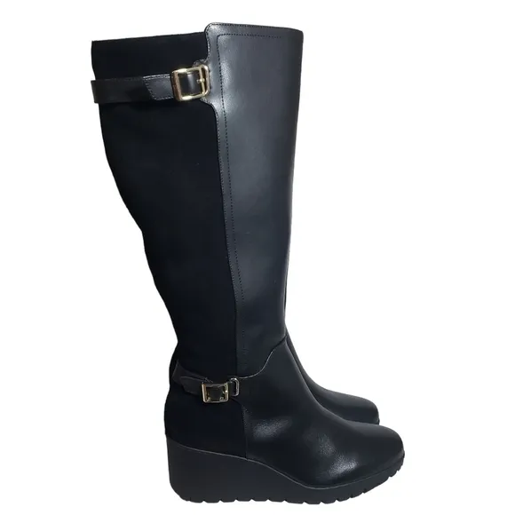 Giani Bernini Sannaa Leather Extended Calf Tall Wedge Boots Sz 10WC