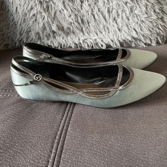 GIORGIO ARMANI SilverGray Leather&amp;Satin Flat Shoes