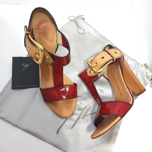 Giuseppe Zanotti Patent Leather Buckle Heels, Size 37|US 7