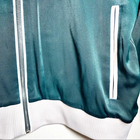 GOOD AMERICAN Emerald Green &amp; White Satin Bomber Jacket, Size 1
